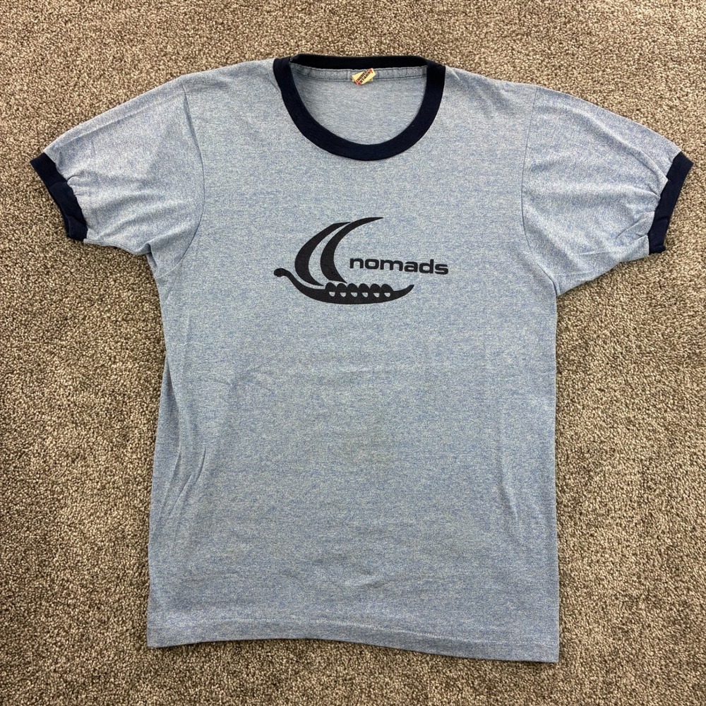 Vintage 80s Nomads Band Shirt Mens Large Blue Cotton Blend‎ USA Made Swedish